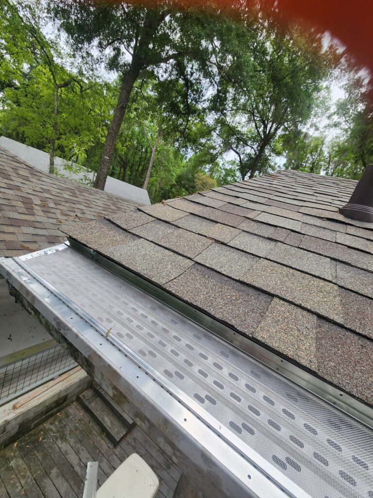 Leaf guard protecting a gutter directly beneath a heavy oak canopy in Central Florida, where leaf and needle load is highest